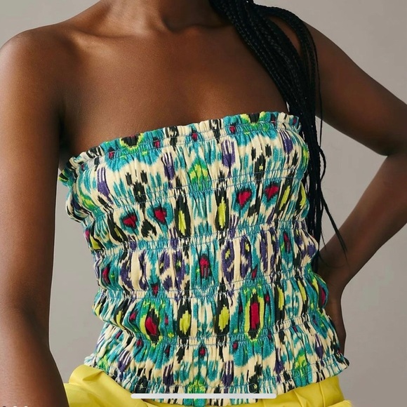 Anthropologie Smocked Turquoise Strapless Tube Top Ikat Print Festival - Picture 1 of 3